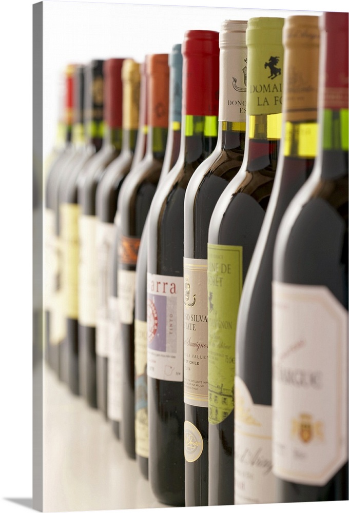 Artwork perfect for the home or kitchen showing a line of red wine bottles taken at an angle with the bottles toward the e...