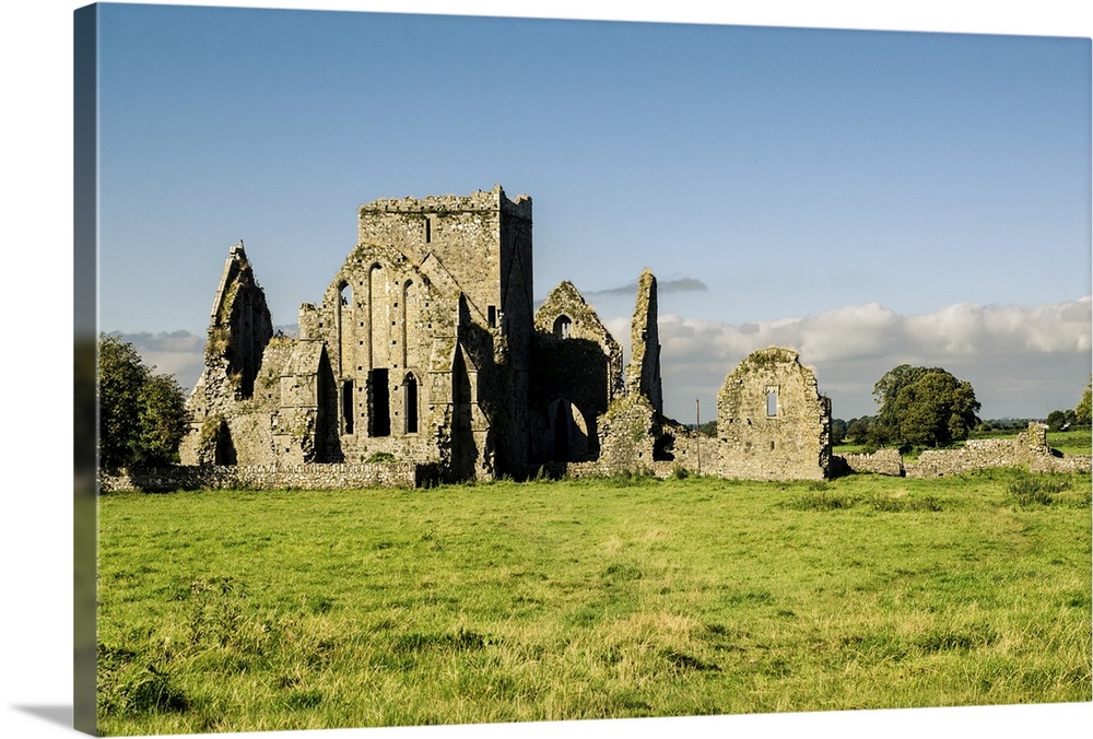 Ruins of ancient monastery surrounded by green Irish pasture.