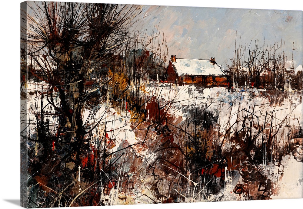 Oil painting of a rural landscape in winter.