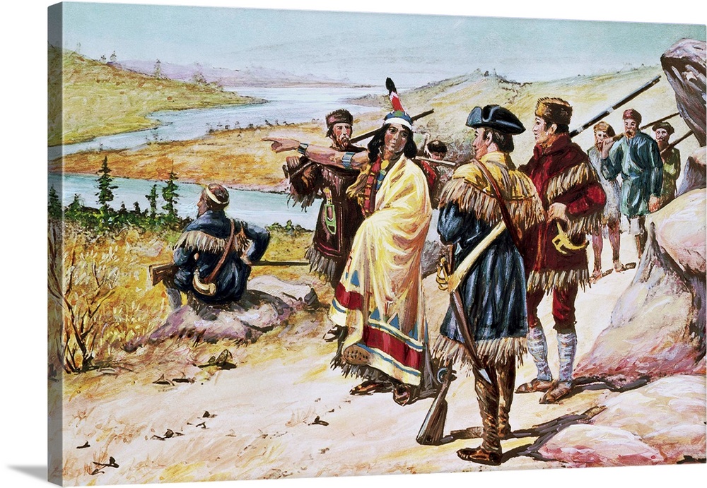 Lewis and Clark expedition - Sacajawea guiding the expedition from Mandan through the Rocky Mountains. Painting by Alfred ...