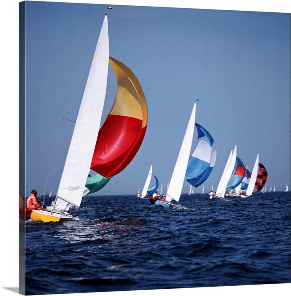 Big canvas photo art of sailboats sailing in the ocean.