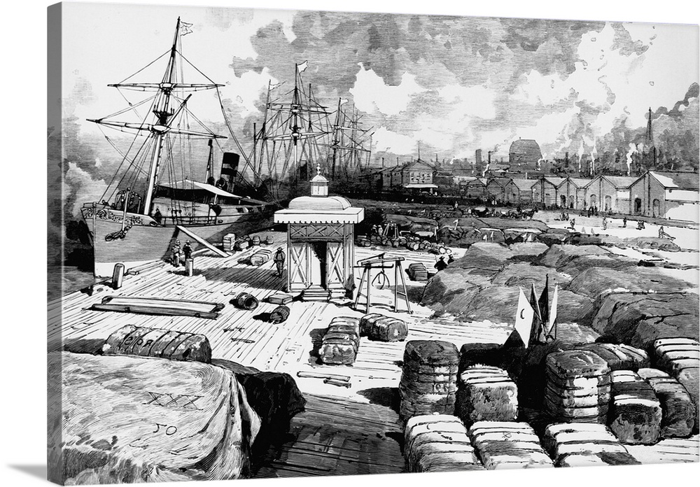 A woodcut of the New Orleans levees by Charles Graham for Harper's Weekly, April 5, 1884, from a sketch created by J.O. Da...