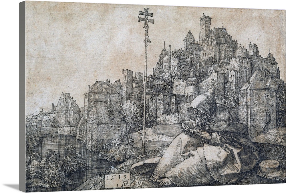 Albrecht Durer, Saint Anthony, 1519, etching, 10 x 14.2 cm (3.9 x 5.6 in), Museu Nacional d'Art de Catalunya, Barcelona, S...