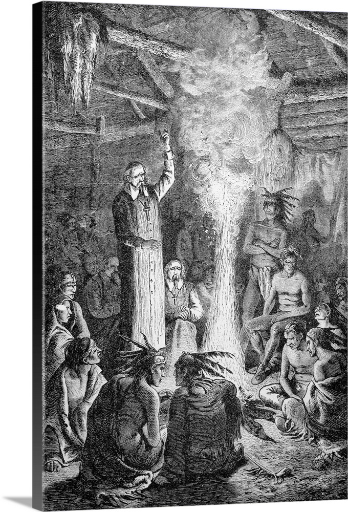 Father De Brebeuf Confronting the Indian Council. Saint Jean de Brebeuf (1593-1649). The French Jesuit missionary confront...