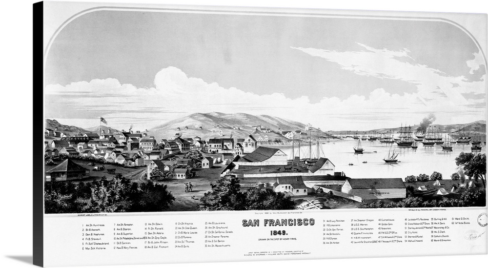 Lithograph by Schmidt Label and Lithograph Co. depicts a sparsely populated San Francisco, its harbor full of sailing ship...