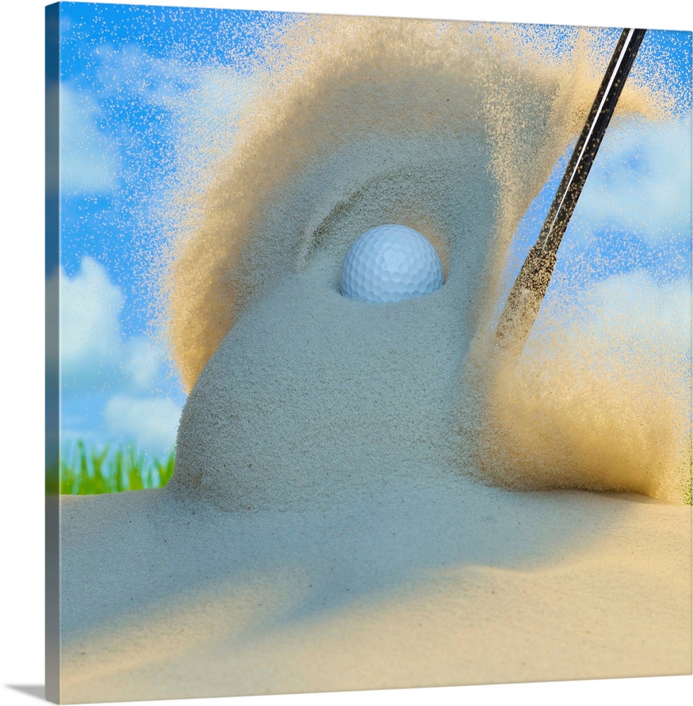 Sand wedge hitting a golf ball out of a sand trap Wall Art, Canvas ...