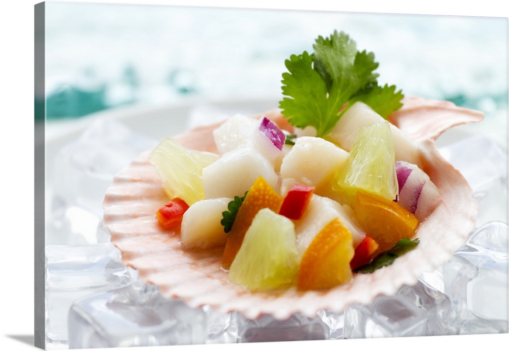 Scallop ceviche with kumquat, lime, onions, peppers and cilantro in a scallop shell on a bed of ice.