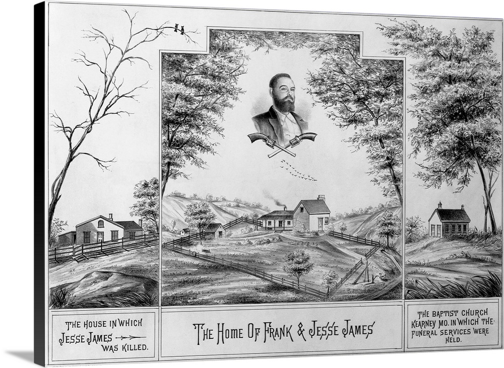 A bust of American outlaw Jesse James appears over three scenes from his life. The locations are all in Missouri: includin...