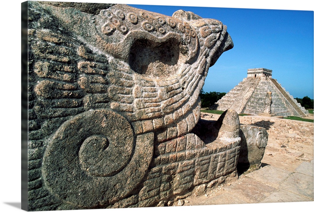 A stone carving adorns the Temple of the Warriors, which stands next to the Pyramid of Kulkulcan, or El Castillo, in Chich...