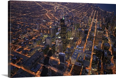 Sears Tower and downtown from above with clear crisp skies.