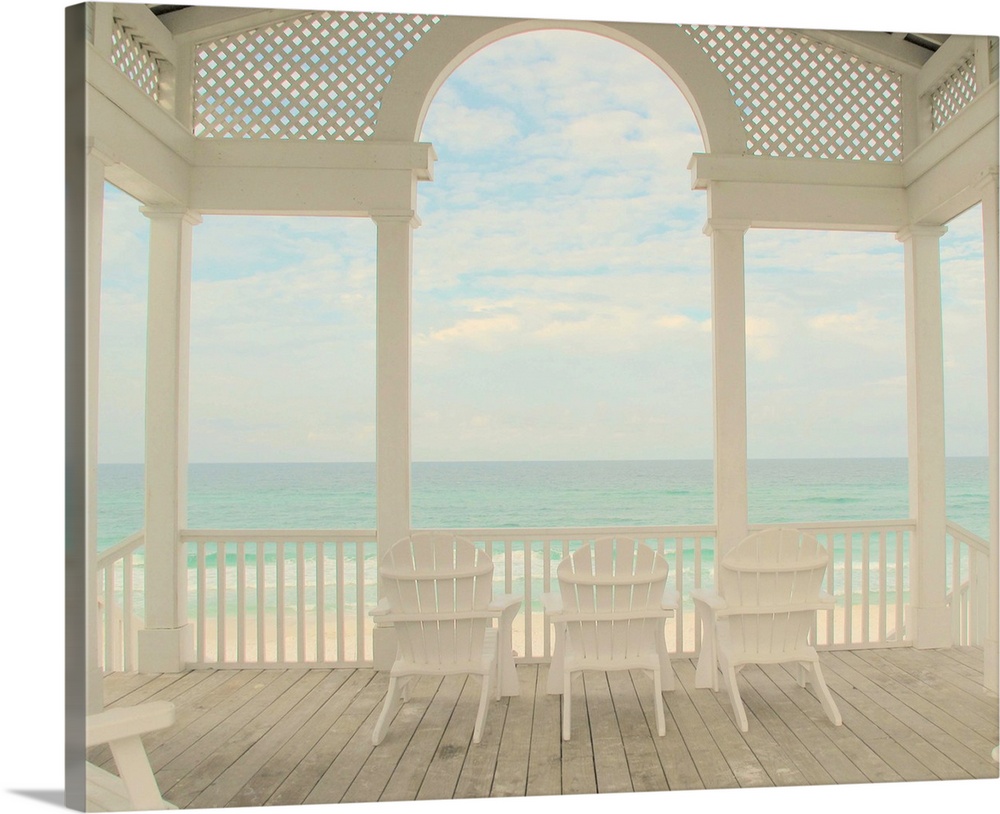 Adirondack chairs with seaside view.