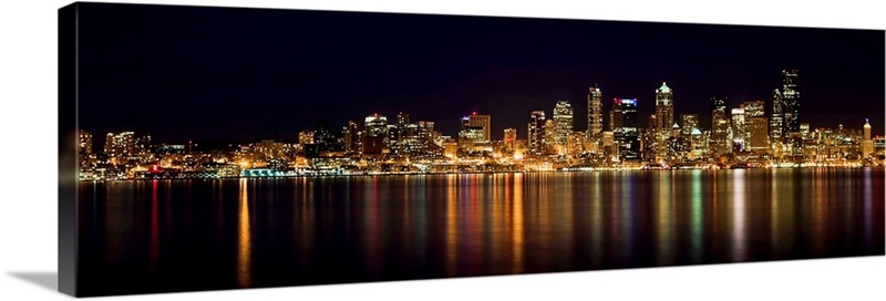 Seattle city skyline at night with reflection | Great Big Canvas