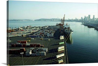 Seattle Docks waterfront; container shipping, elevated view