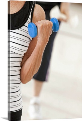 Seniors exercising with dumbbells in a health club