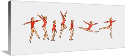 Sequence of illustrations showing female gymnast competing on floor