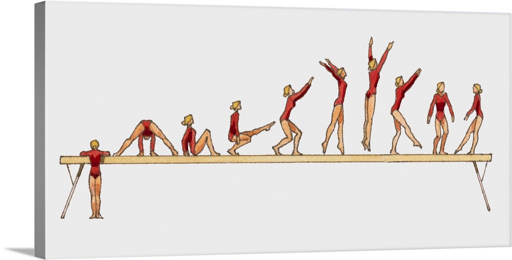 Sequence of illustrations showing female gymnasts competing on balance beam  Wall Art, Canvas Prints, Framed Prints, Wall Peels