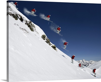 Sequence of male skier jumping down steep slope
