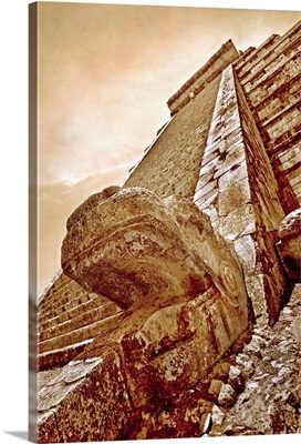 Serpent Head And Long Stairway On Pyramid Of Kukulcan
