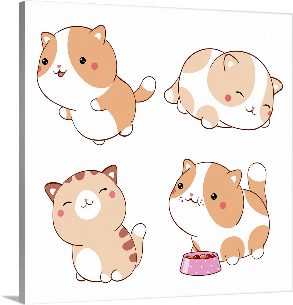 Set of cute fat cats in kawaii style. Collection of lovely little kitty in different poses. Originally a vector illustration.