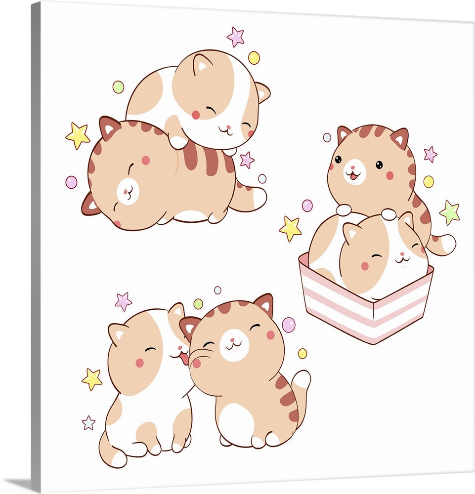 Set of cute fat kitty kawaii style. Collection of two lovely little cats. Originally a vector illustration.