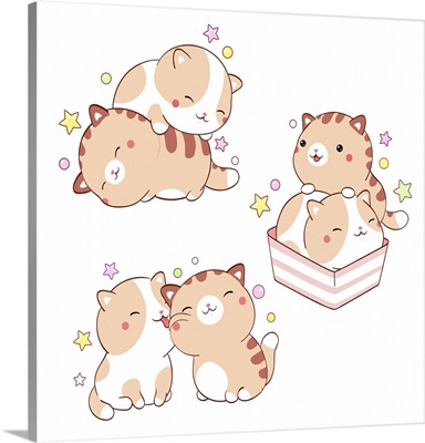Set Of Two Lovely Little Cats, Kawaii Style