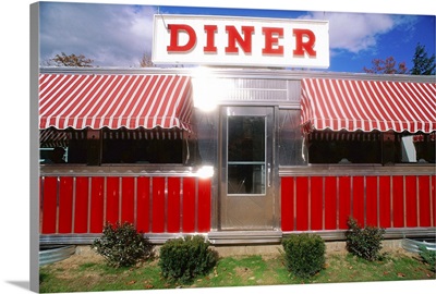Shiny diner with striped awnings, New York State