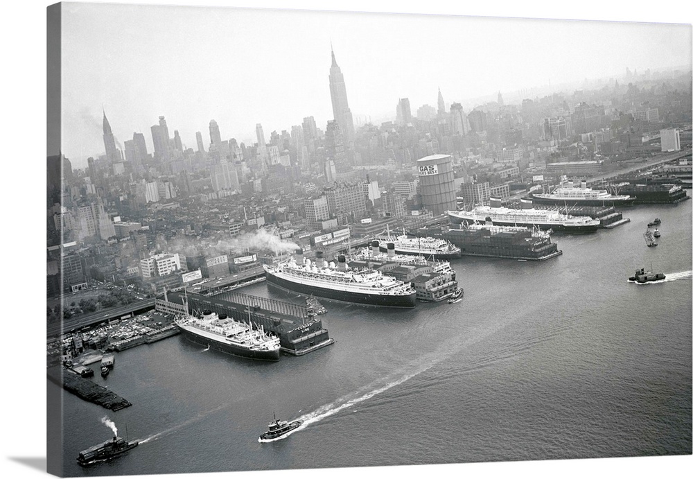 Seven of the 12 passengers ships that arrived in New York today are shown docked at their respective piers. They brought s...