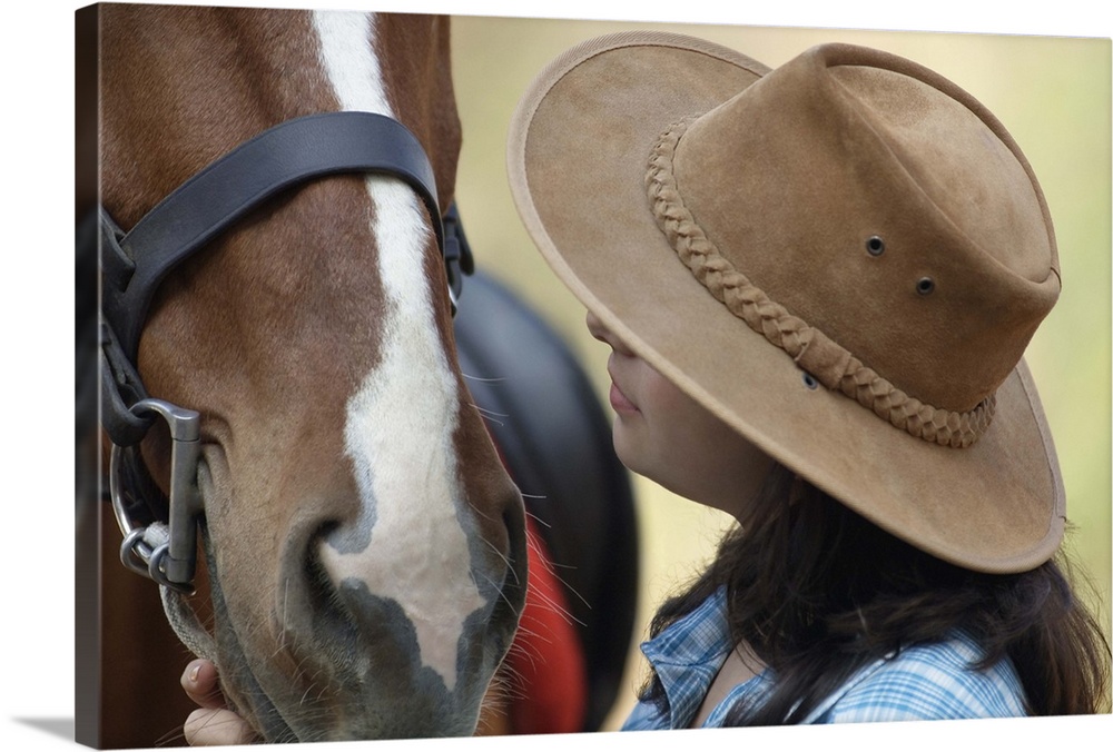 Side Profile Of A Teenage Girl Touching A Horse