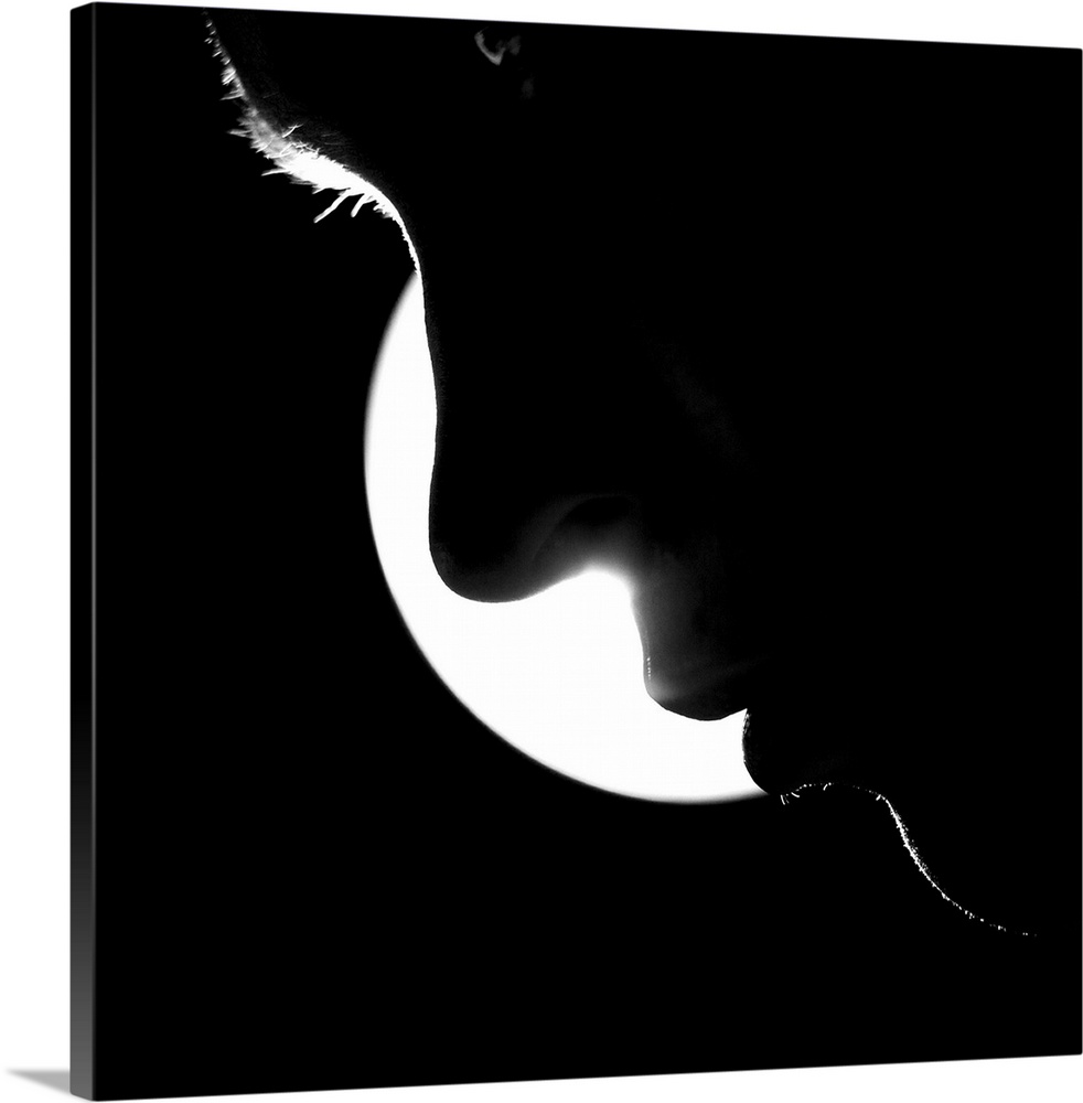 Man's silhouette depicted against bright round light source.