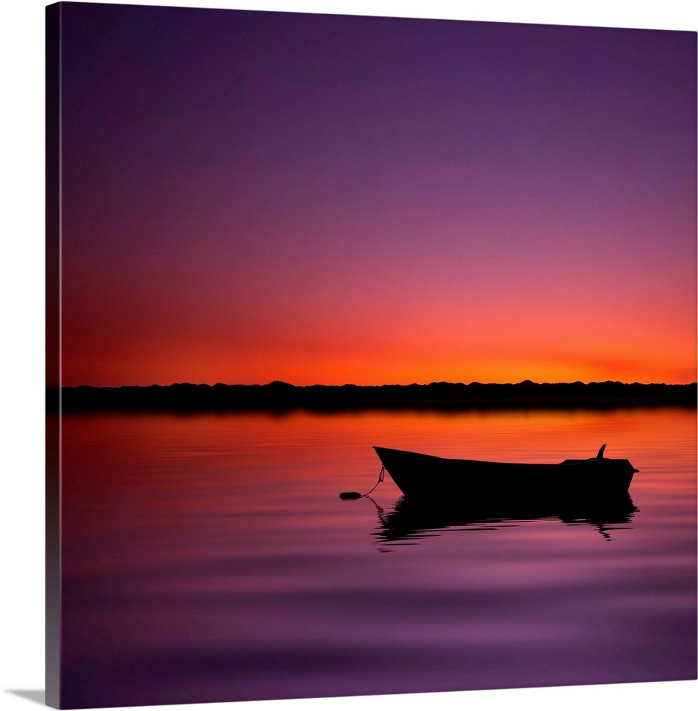 Silhouette boat in lake with sunset. Wall Art, Canvas Prints, Framed
