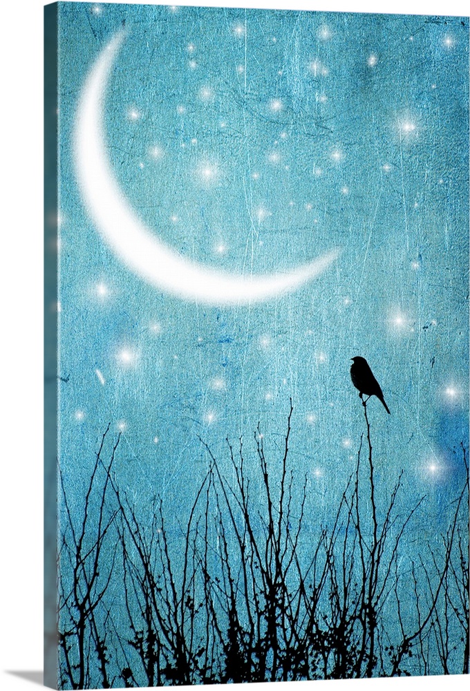 Vertical artwork on a large wall hanging of a lone, silhouetted bird, perched on a thin branch in the foreground, the back...