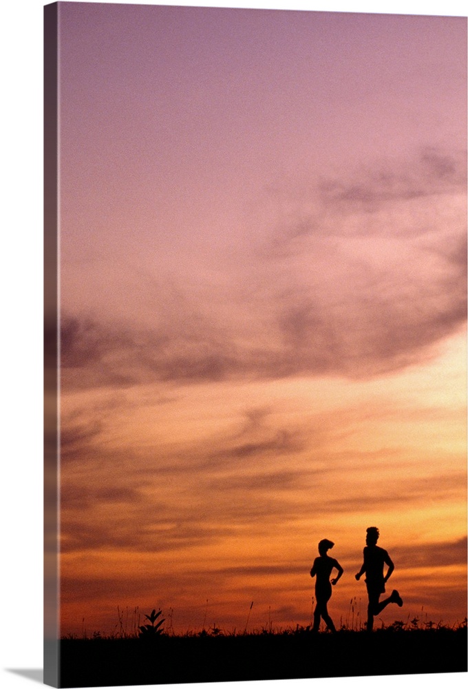 A vertical piece of two runners that are shown at the bottom of the piece and silhouetted by a sunset sky.
