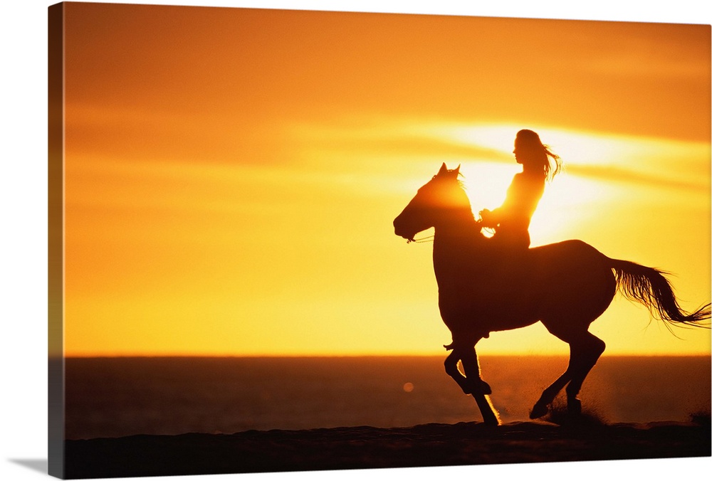 Big photo on canvas of a woman riding on a horse silhouetted against a bright setting sun.
