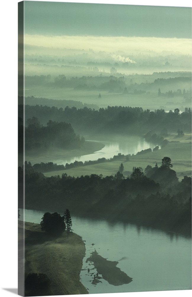 Skagit Valley river with morning mist, aerial view