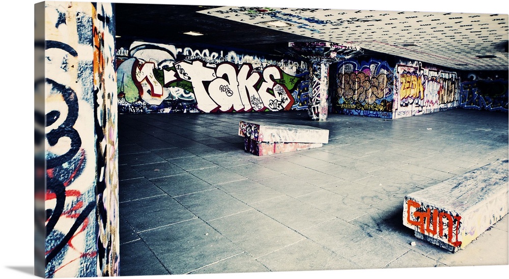 Skate park with graffiti on the walls South-bank of The River Thames in London.