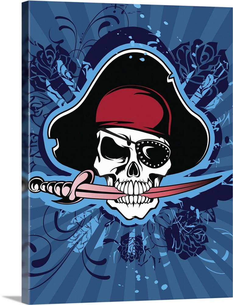 Skull with pirate's hat, eyepatch and sword