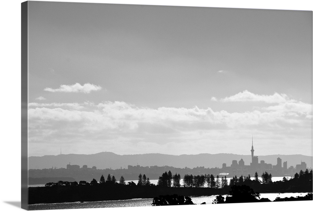 Black and white skyline of Auckland, New Zealand as seen from Waiheke Island, New Zealand.