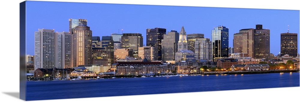 Skyline of downtown Boston from inner Boston Harbor at dusk