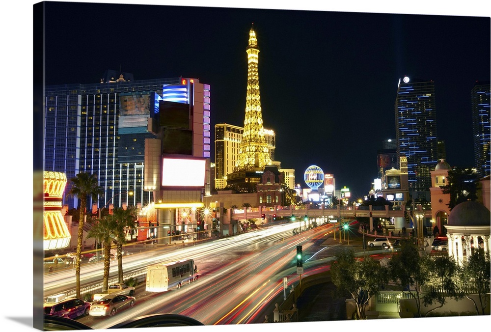 Skyline of 'Paris Las Vegas' and the 'Eiffel tower' on Las Vegas Boulevard illuminated at night