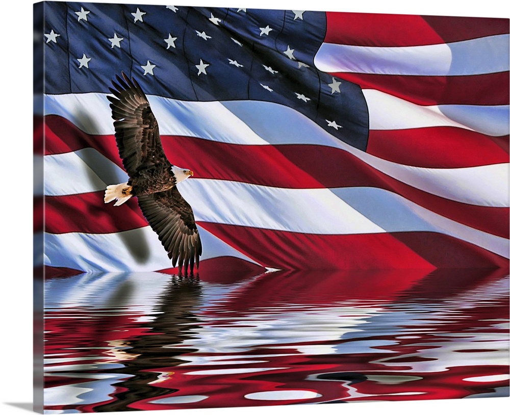 A composite of two photos. One of a bald eagle, the other of a large American flag. Photos composited and then flood filte...