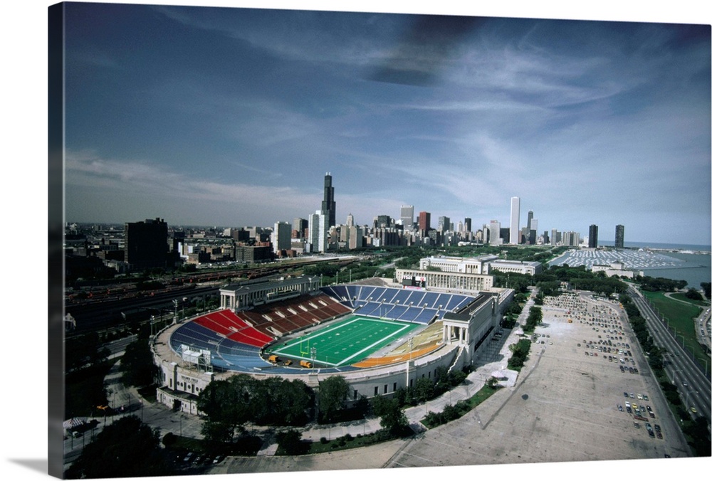 The Chicago Loop skyline can be seen in the background of Chicago's lakefront stadium, Soldier Field.