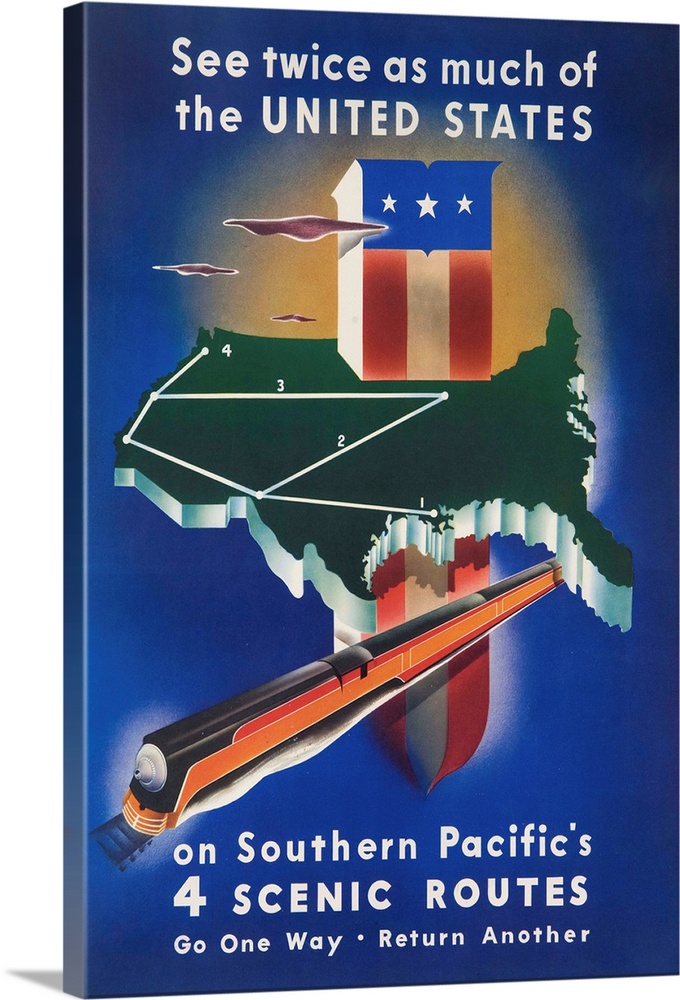 Streamlines art deco train roars through a map of the United States Ca 1930s rail travel Poster