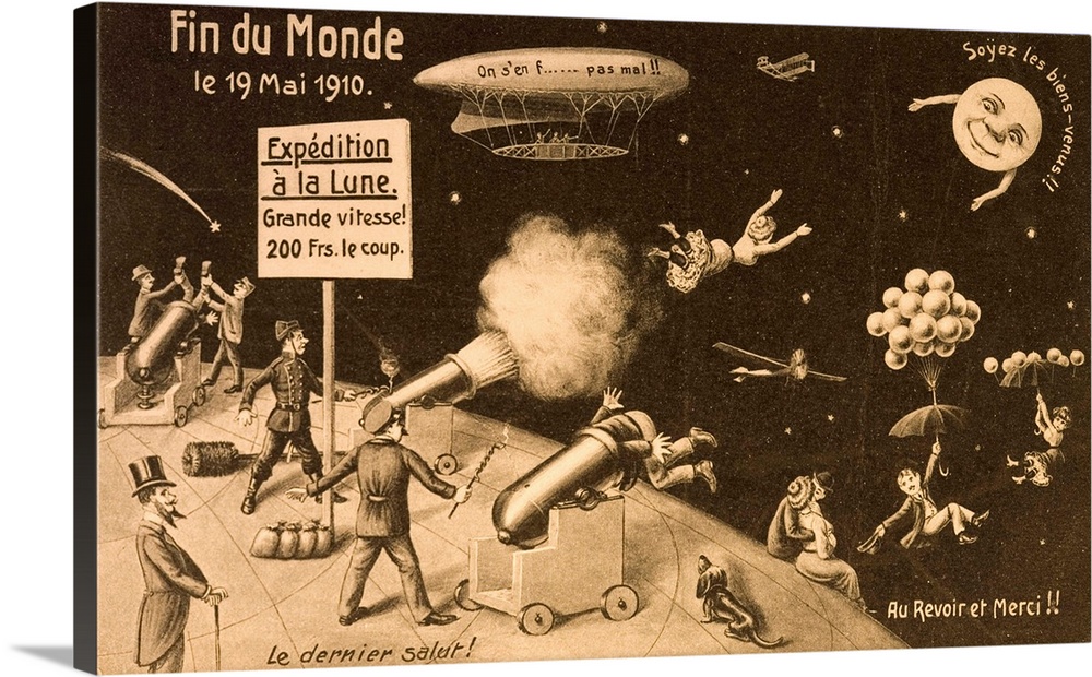 Souvenir postcard for La Fin du Monde, a themed ride from 1910, promising the rider a painless trip to the moon for 200 fr...