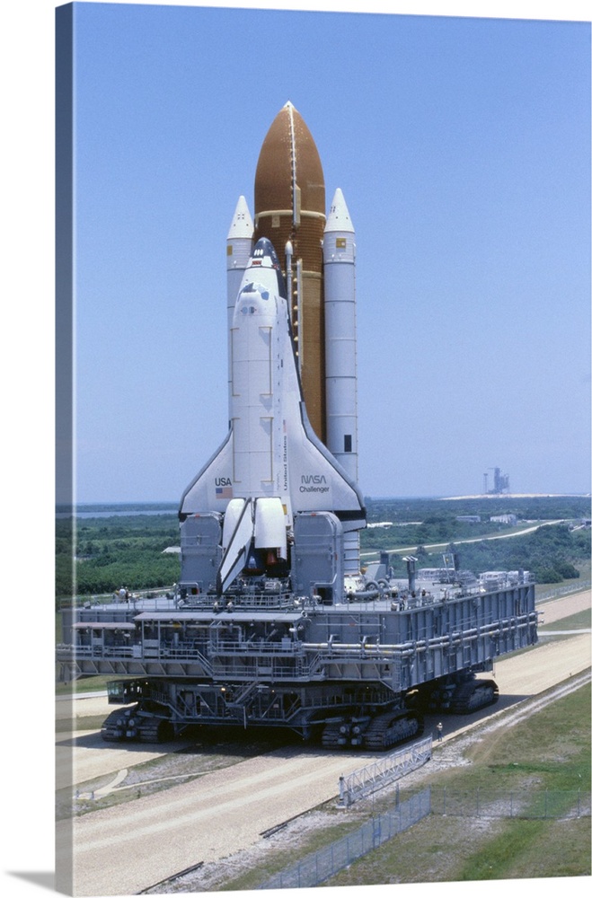 Kennedy Space Center, Florida: The space shuttle Challenger is slowly rolled out to the launch pad from the Vehicle Assemb...