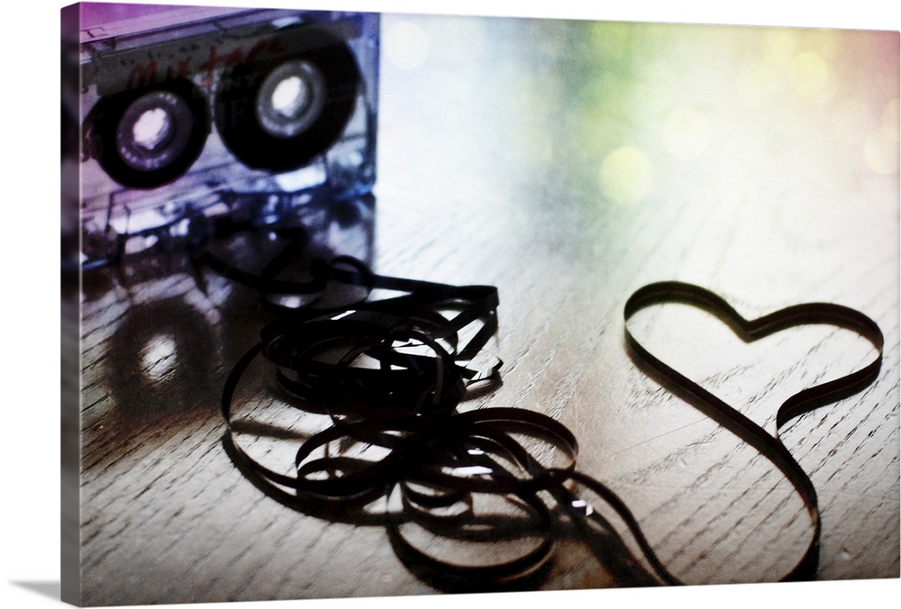 Spilled cassette tape symbolizing love,  the love of old school mix tapes and all things analog in a digital world.