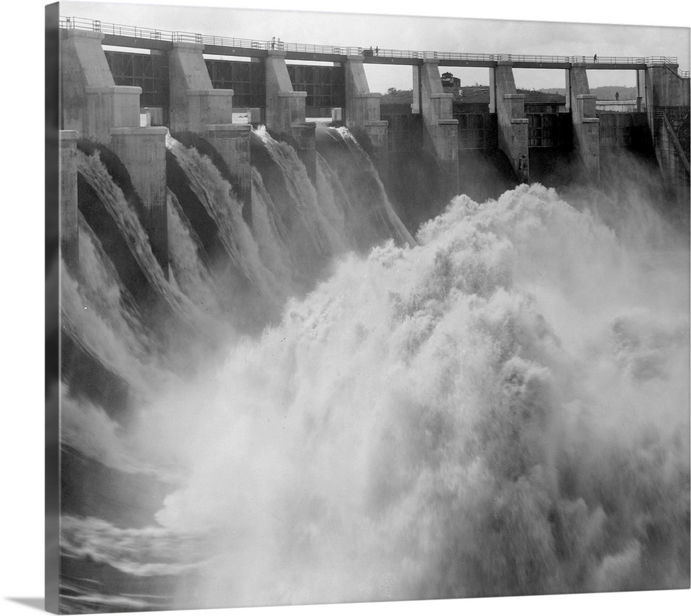 Torrents of water splash in the spillway of the Gatun Dam in the Panama Canal. Panama.