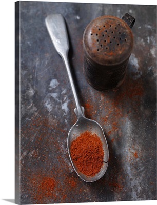 Spoonful of paprika spice on countertop