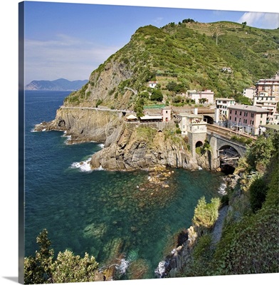 Square crop of railway tunnel in coastal village part of Cinque Terre, Italy.