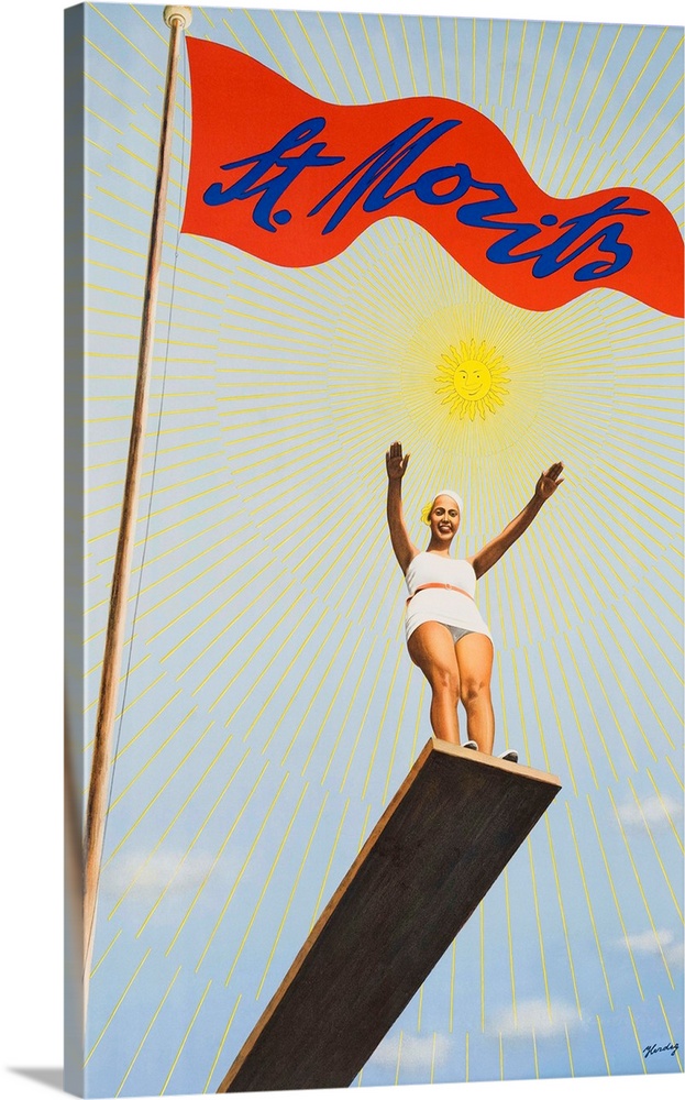 designed by Walter Herdeg, iconic yellow sun logo of St Moritz above woman on diving board,