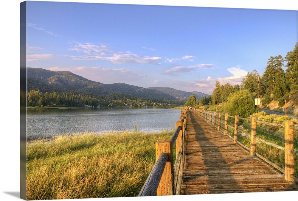 the wooden log boardwalks of Stanfield Marsh stretching along side the beautiful lake of Big Bear.  Gorgeous blue sky and ...